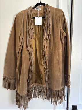 B Lucid Tan Suede Fringe Open-Front Jacket